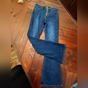 Indigo rein flare leg button fly denim. These fit to your curves. Super cute.